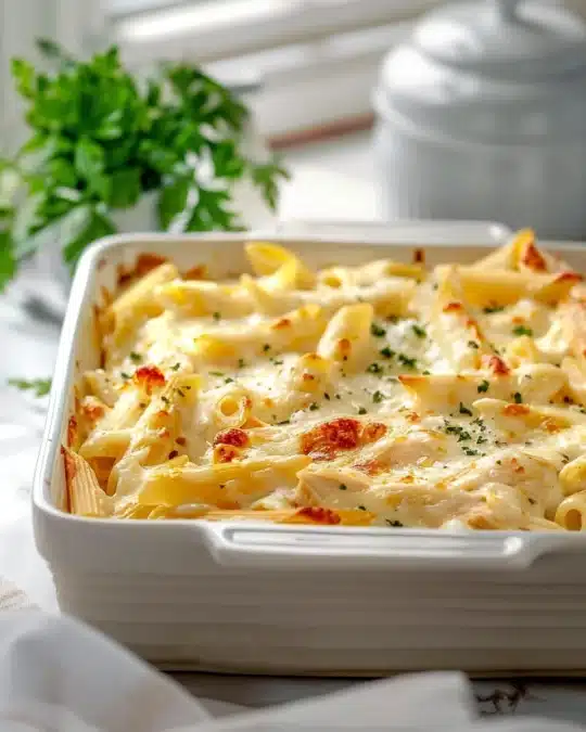 Dump and Bake Chicken Alfredo featured dish plated