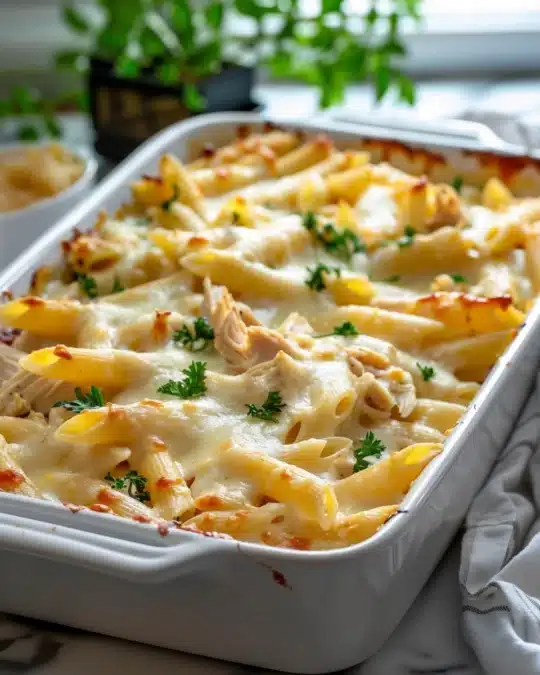Dump and Bake Chicken Alfredo featured dish plated