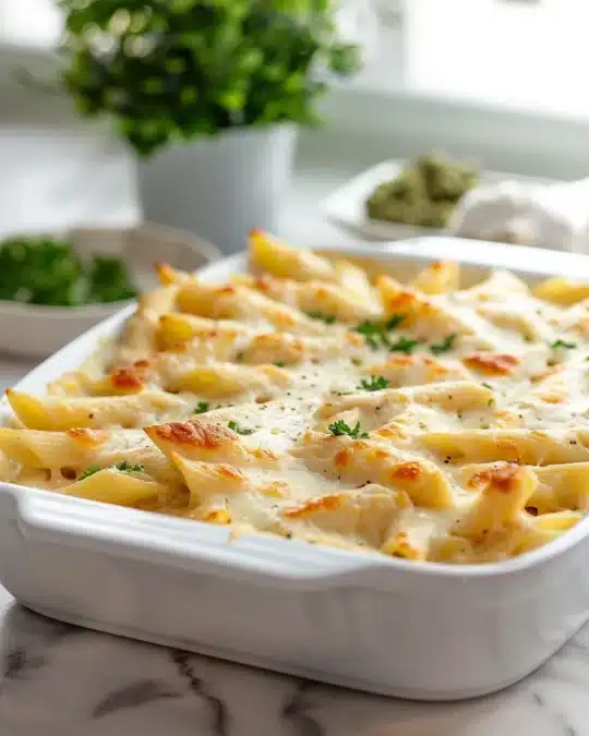 Dump and Bake Chicken Alfredo featured dish plated