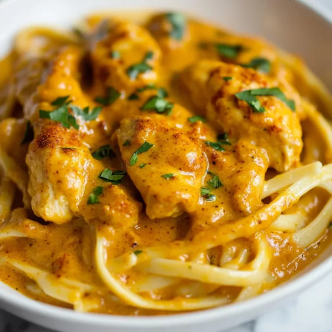 Butter Chicken Pasta with golden crispy crust, bubbling melted cheese, fresh herbs and fruits in joyful family kitchen settin