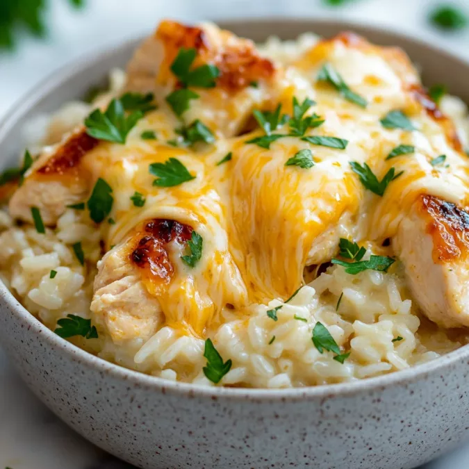 One Pot Chicken and Rice with golden crispy cheesy crust, melted bubbling cheese, fresh herbs and fruits, glossy shine from b