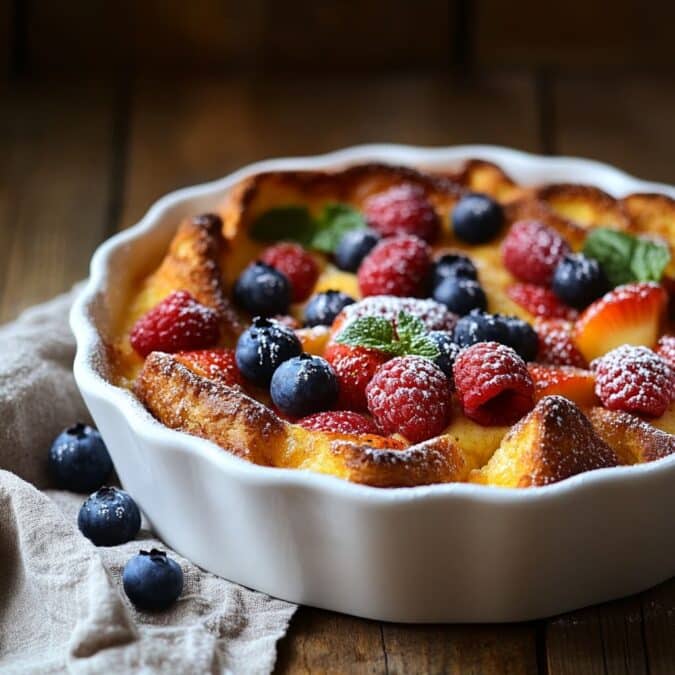 Brioche French Toast Casserole in white baking dish with fresh berries
