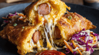 Sliced Korean Corn Dog Casserole on plate