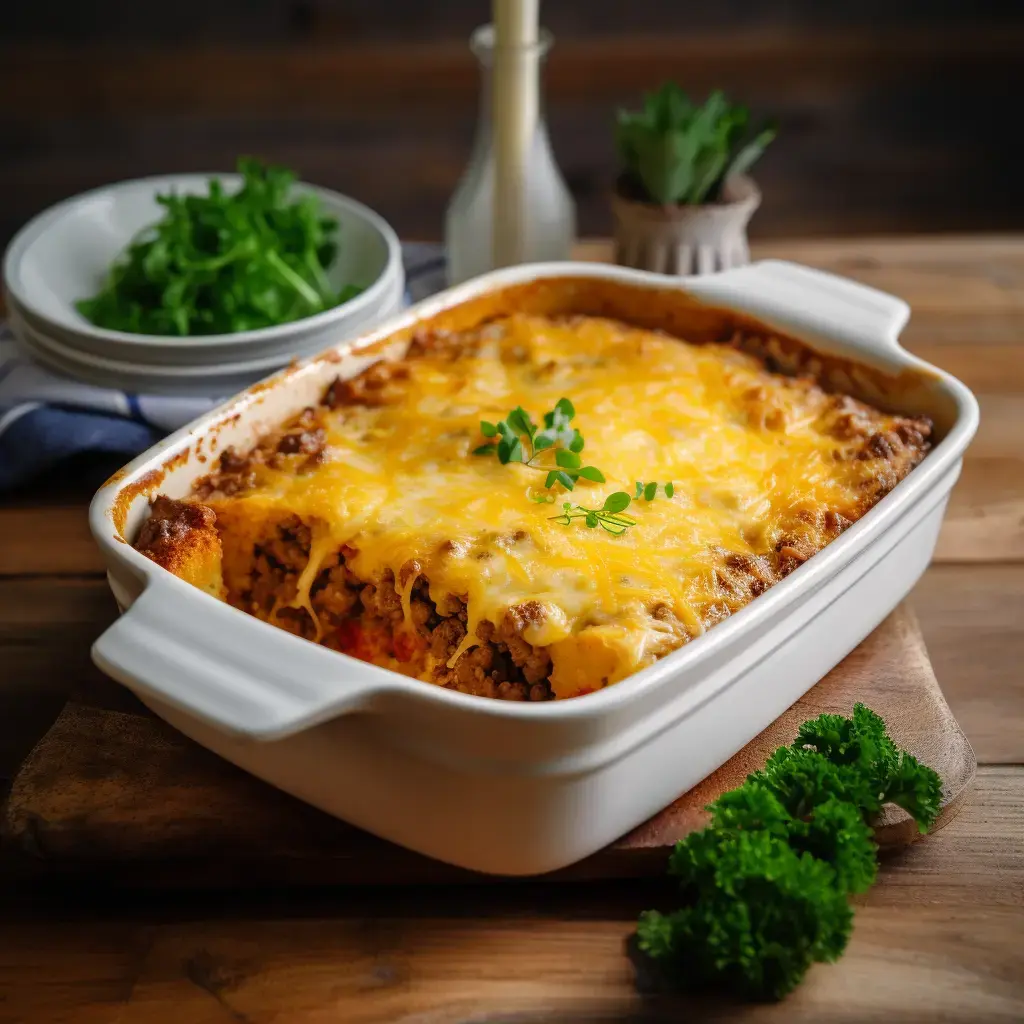 Golden baked cornbread casserole with ground beef, beans, and melted cheese in a white dish on a rustic table