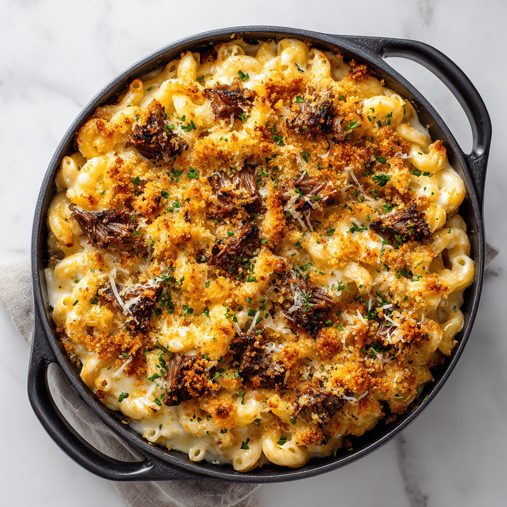 Top-down modern shot of smoked brisket mac and cheese with golden topping on white marble