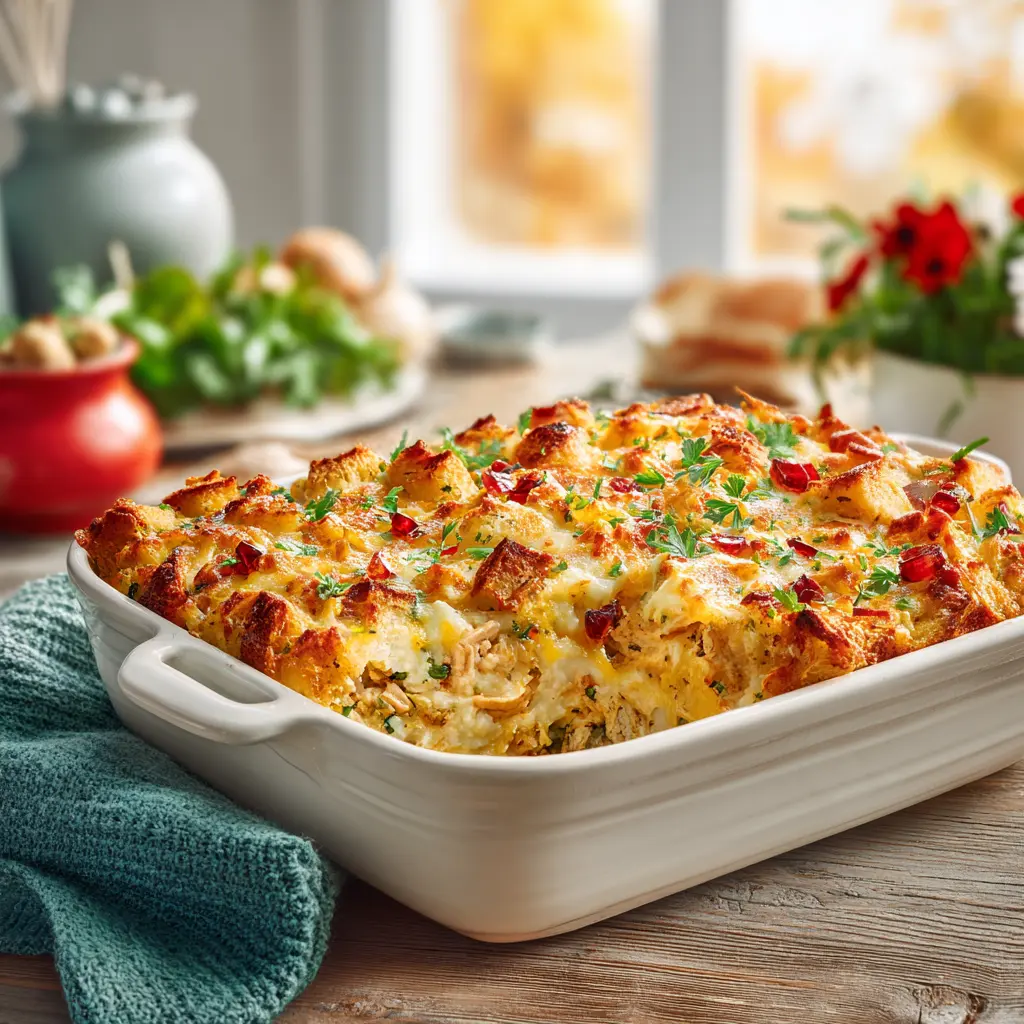 Thanksgiving leftover casserole baked golden with turkey, stuffing, and mashed potatoes in a rustic dish