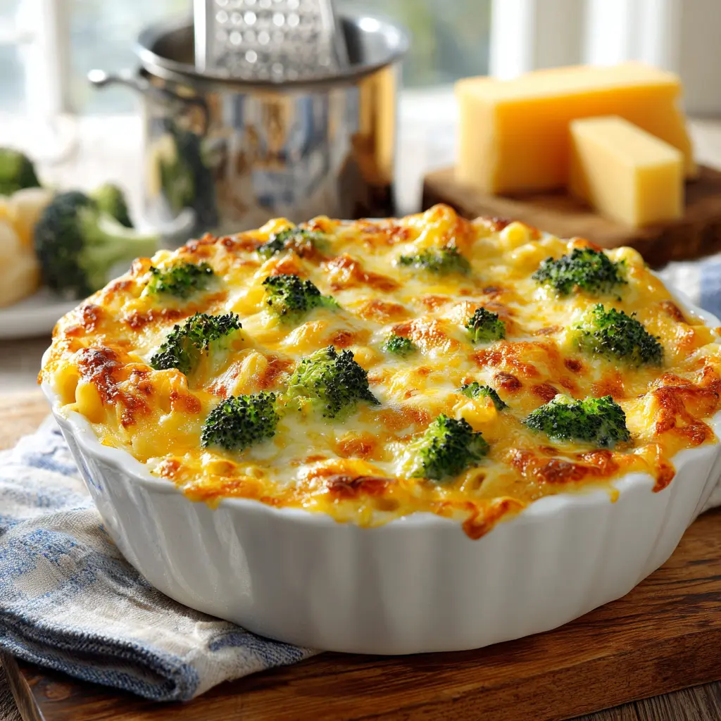 Baked broccoli mac and cheese on a cutting board with cheese in background