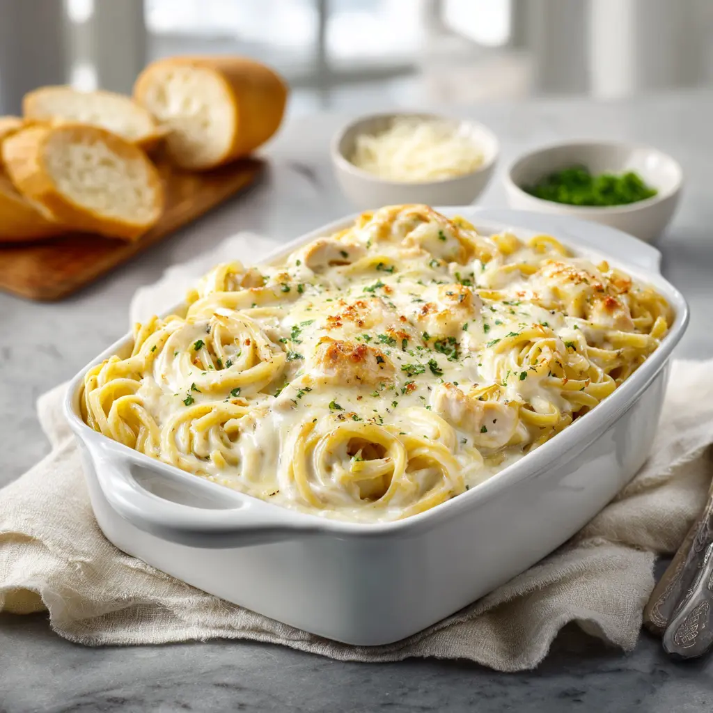 Chicken Alfredo casserole with cheese and herbs in a modern kitchen