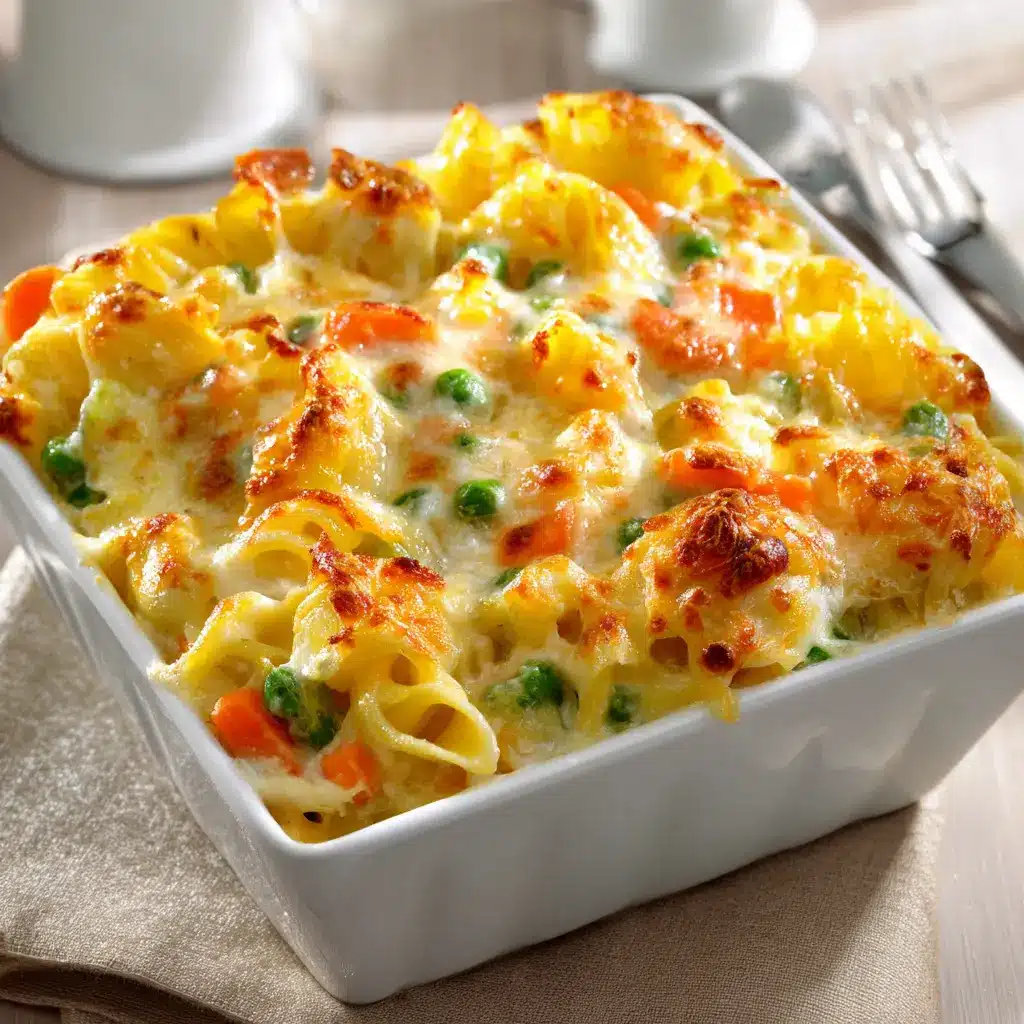 Baked mac and cheese with peas and carrots in a modern dish