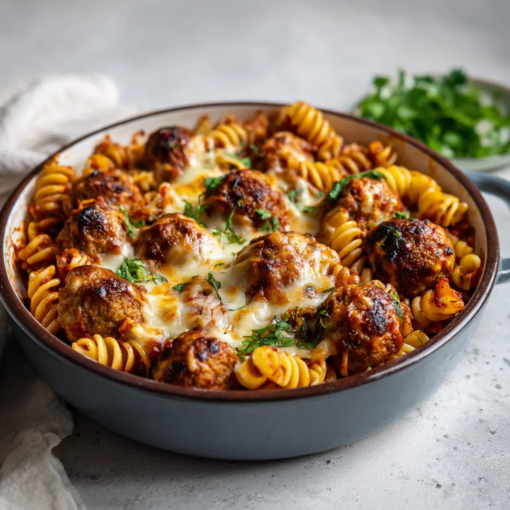 Mini turkey meatball pasta bake with melted mozzarella