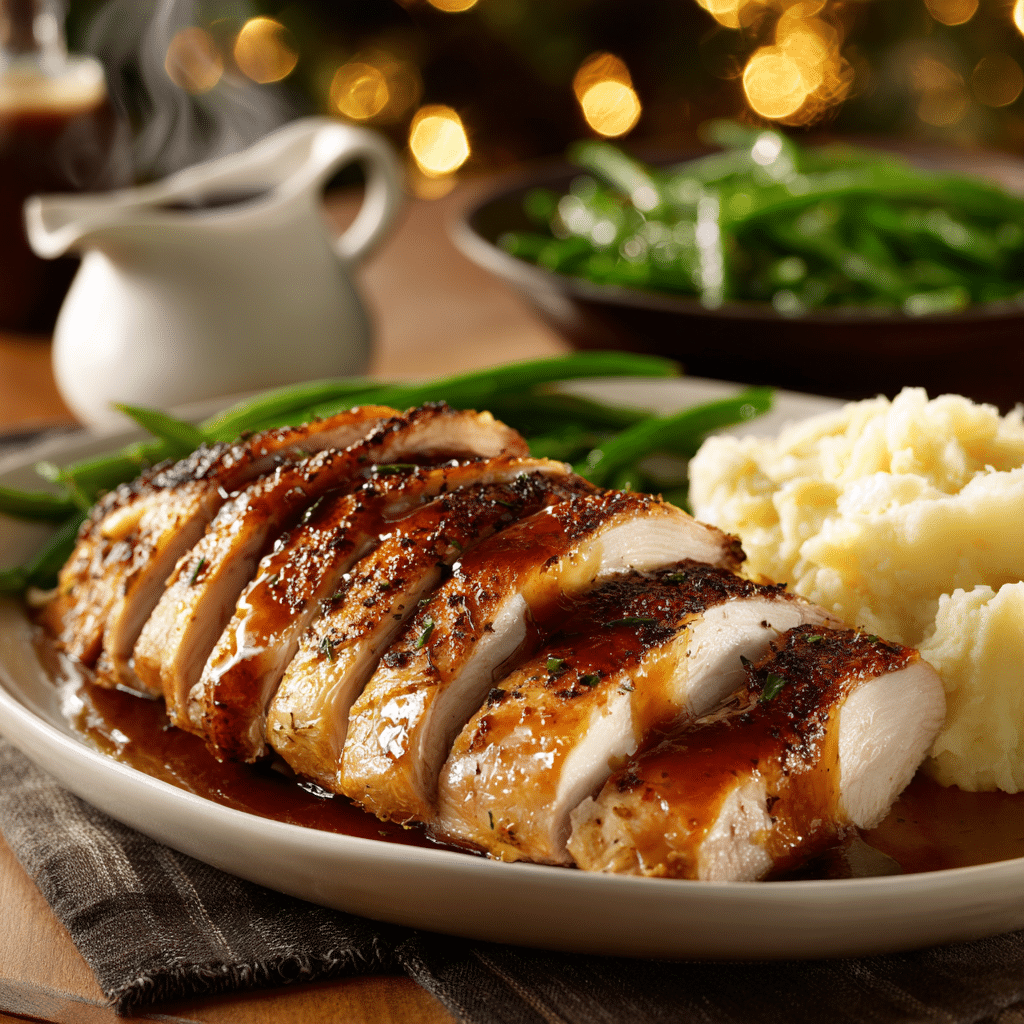 Sliced roast turkey on platter with sides