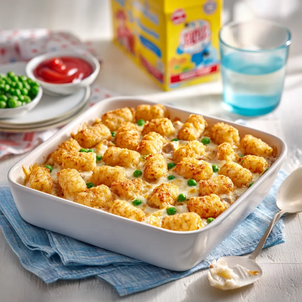 Tater tot turkey casserole with fun kid-friendly side items