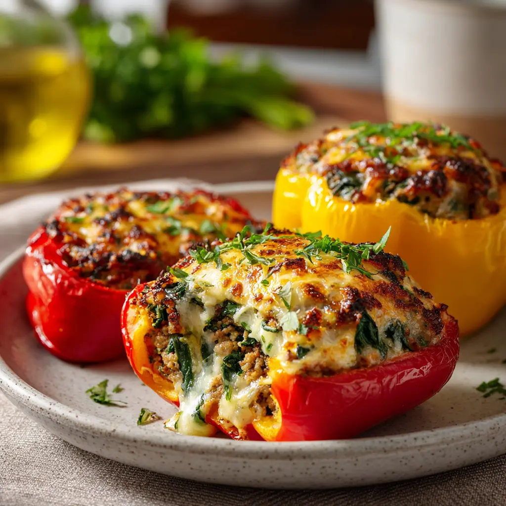 Healthy Turkey & Spinach Stuffed Peppers featured dish plated