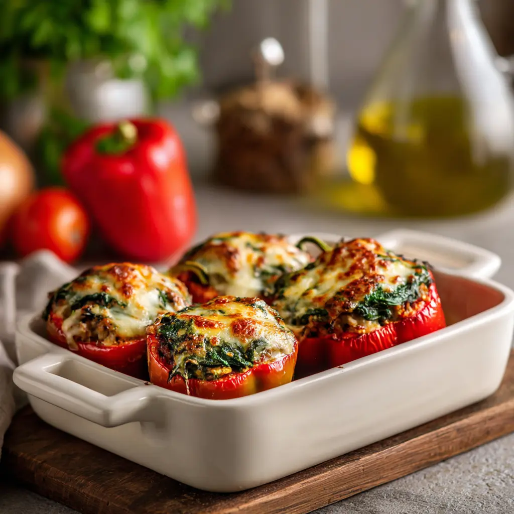 Healthy Turkey & Spinach Stuffed Peppers featured dish plated
