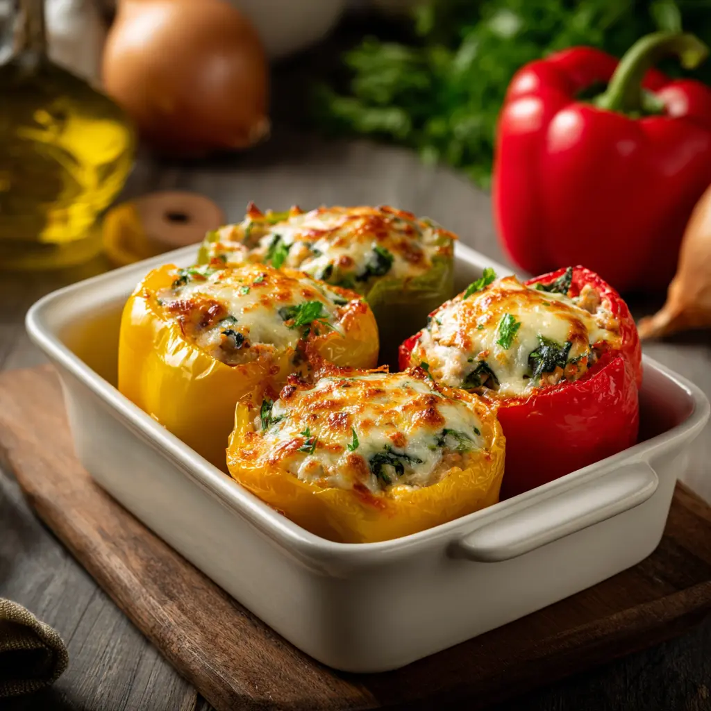 Healthy Turkey & Spinach Stuffed Peppers featured dish plated