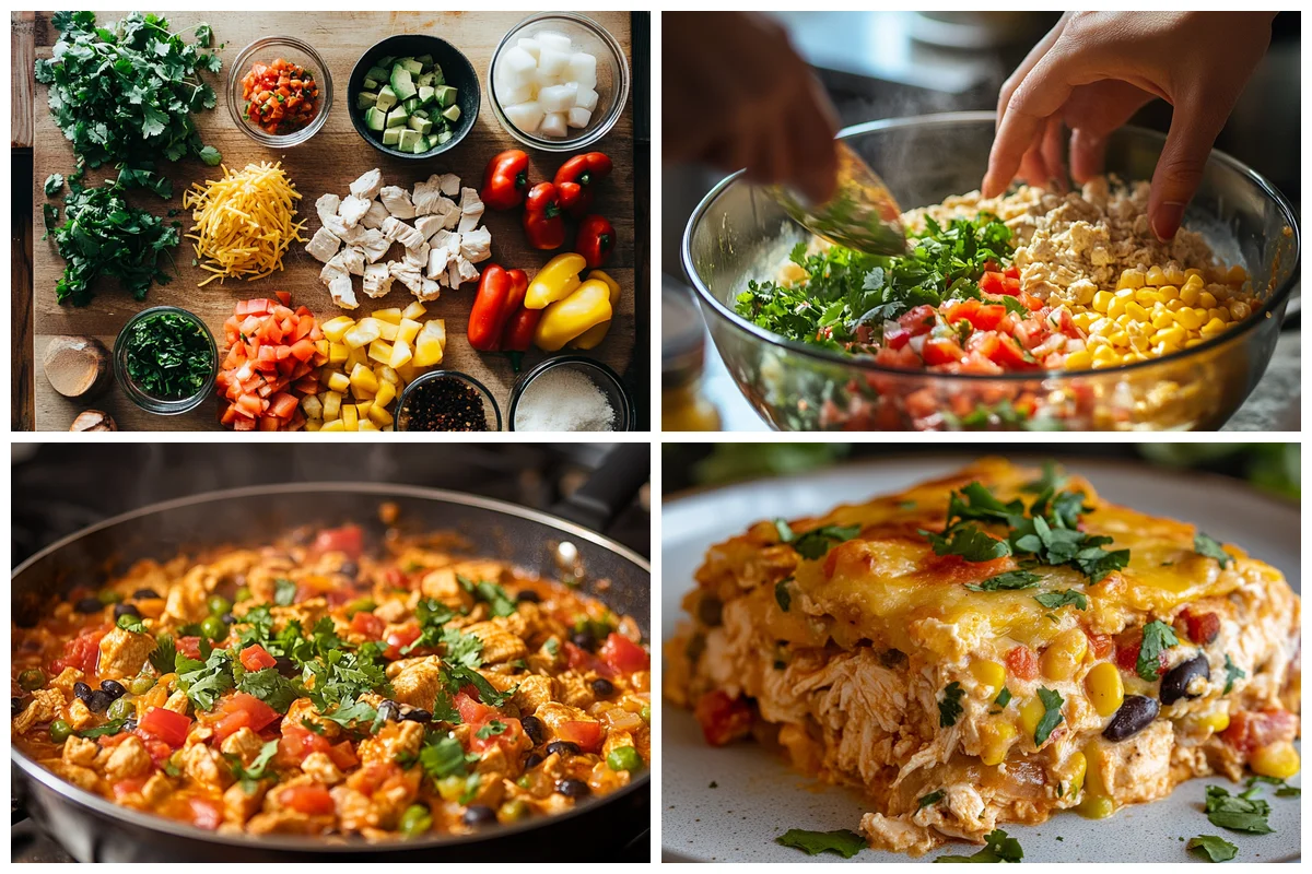 Chicken Burrito Casserole layered with tortillas, seasoned chicken, and melted cheese in a baking dish