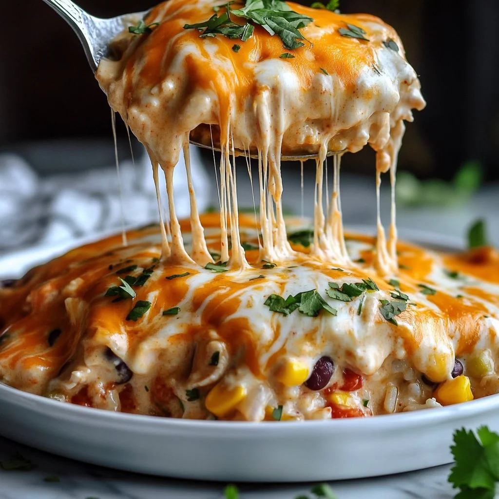 Chicken Burrito Casserole serving with melted cheese, rice, beans, and fresh toppings in a dish