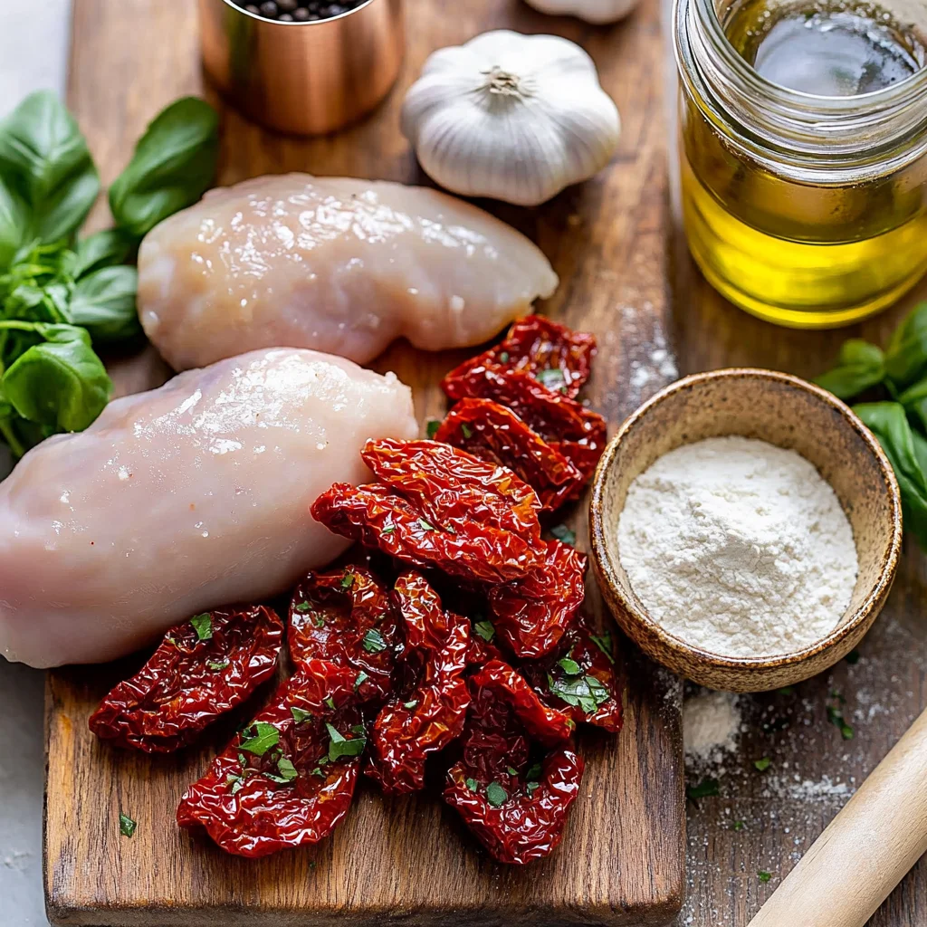 Fresh ingredients for Incredible Marry Me Chicken recipe: golden sun-dried tomatoes, creamy cheese, herbs on glossy plate