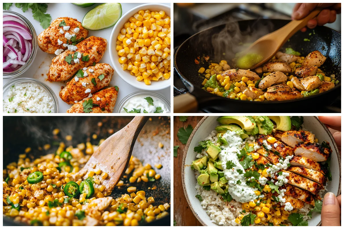 Preparing Mexican Street Corn Chicken Bowl with grilled corn kernels tossed in creamy sauce and spices