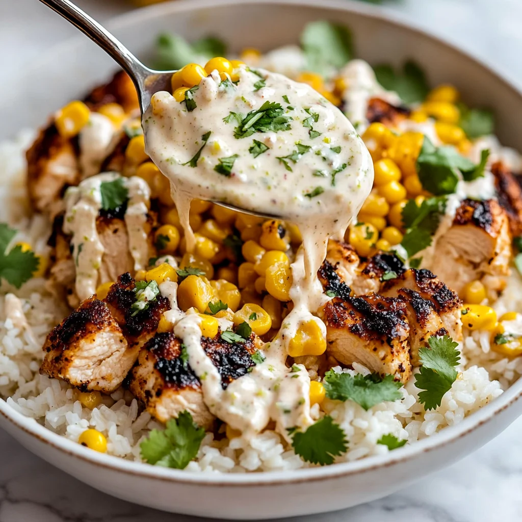 Mexican Street Corn Chicken Bowl with grilled chicken, charred corn, cotija cheese, and lime crema