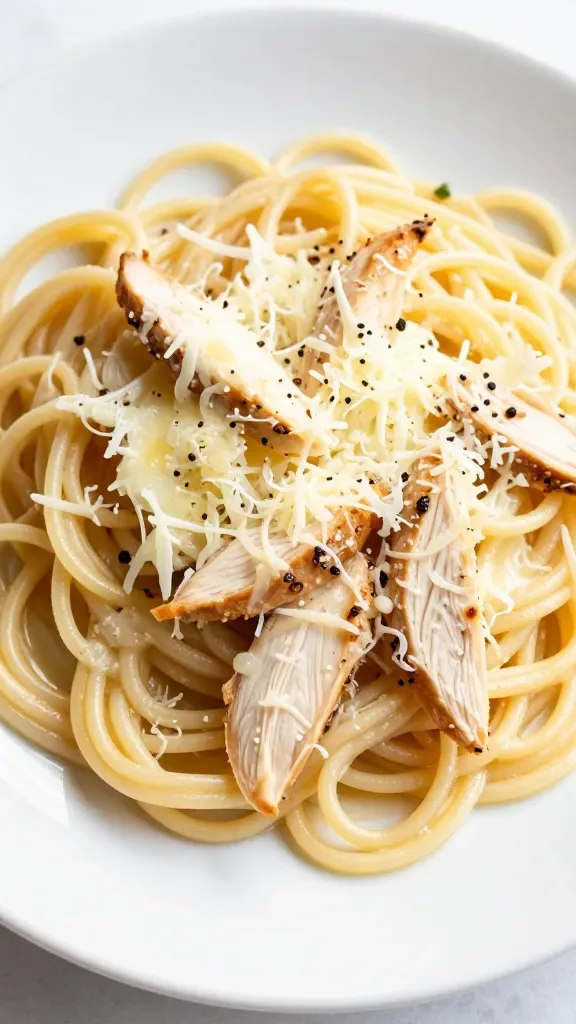 single plate of chicken mozzarella pasta closeup