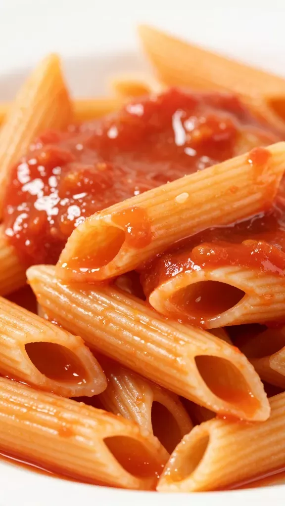 closeup of glossy tomato-based sauce coating penne pasta