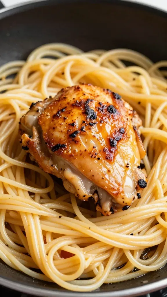 closeup of a single skillet-seared chicken thigh resting on glossy pasta