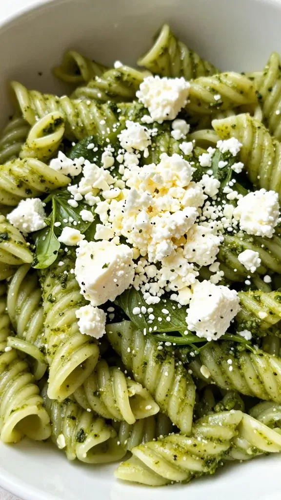 Closeup crumbled feta on pesto pasta bowl, vibrant greens