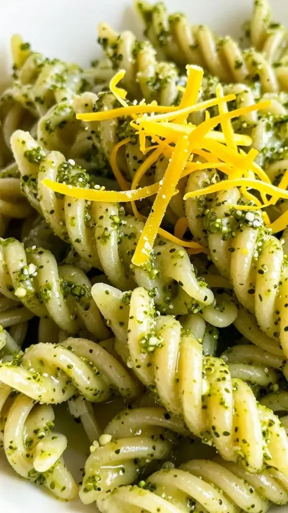 Closeup lemon zest shavings atop bright pesto pasta salad