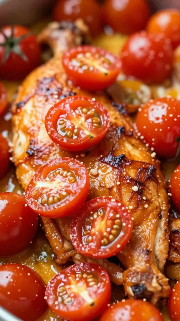 closeup of vibrant cherry tomatoes glazing over chicken bake