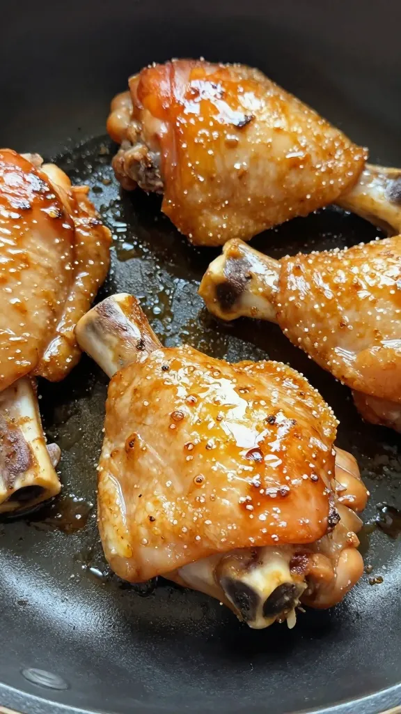 Closeup of bone-in chicken thigh with sticky glaze sheen on skillet surface