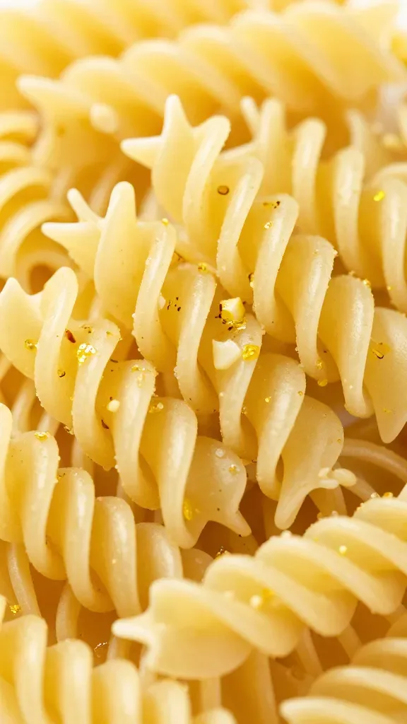 closeup of twirled pasta with bright lemon zest and garlic flecks