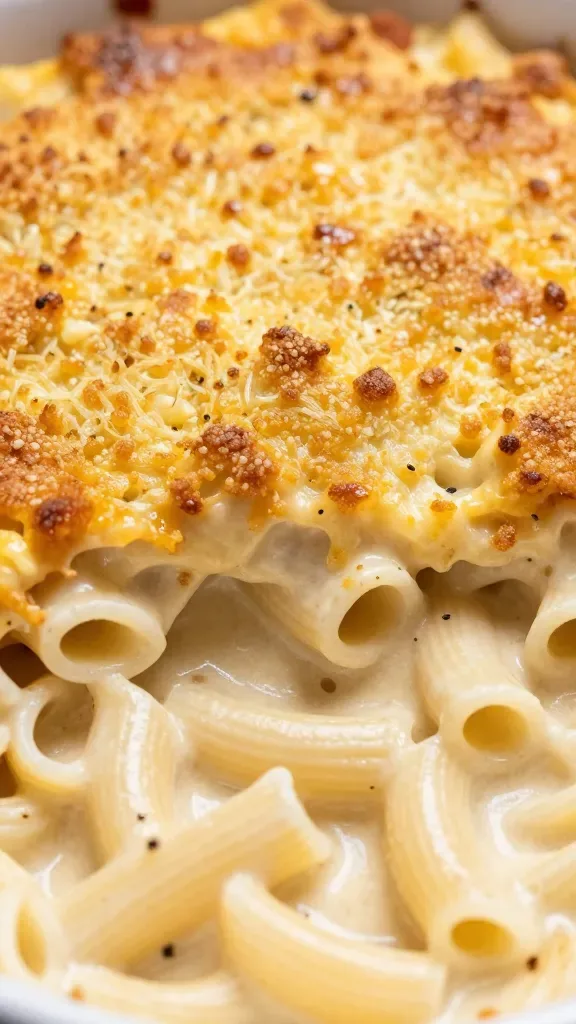 Closeup of a creamy pasta casserole with golden crust topping