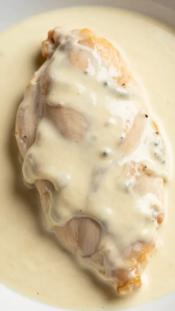closeup of tender chicken breast coated in rich cream sauce