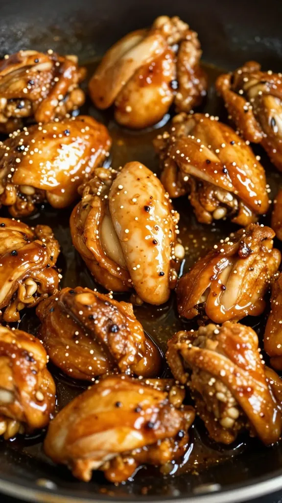 closeup of glossy skillet reduction clinging to chicken pieces