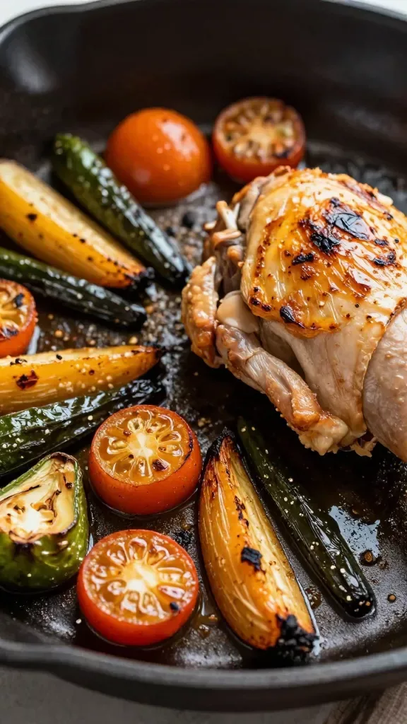 closeup of roasted vegetables beside a single chicken thigh in skillet