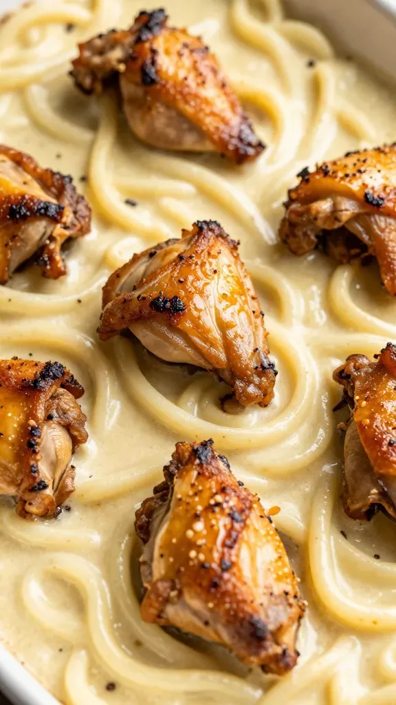 closeup of tender rotisserie chicken chunks in creamy noodle bake