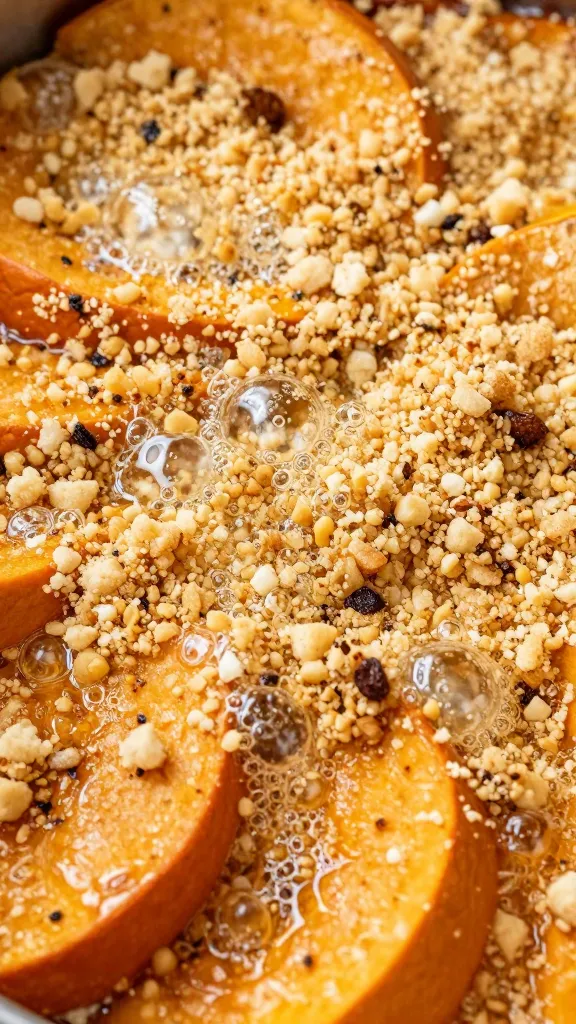Closeup of bubbling pumpkin casserole surface with breadcrumb crust