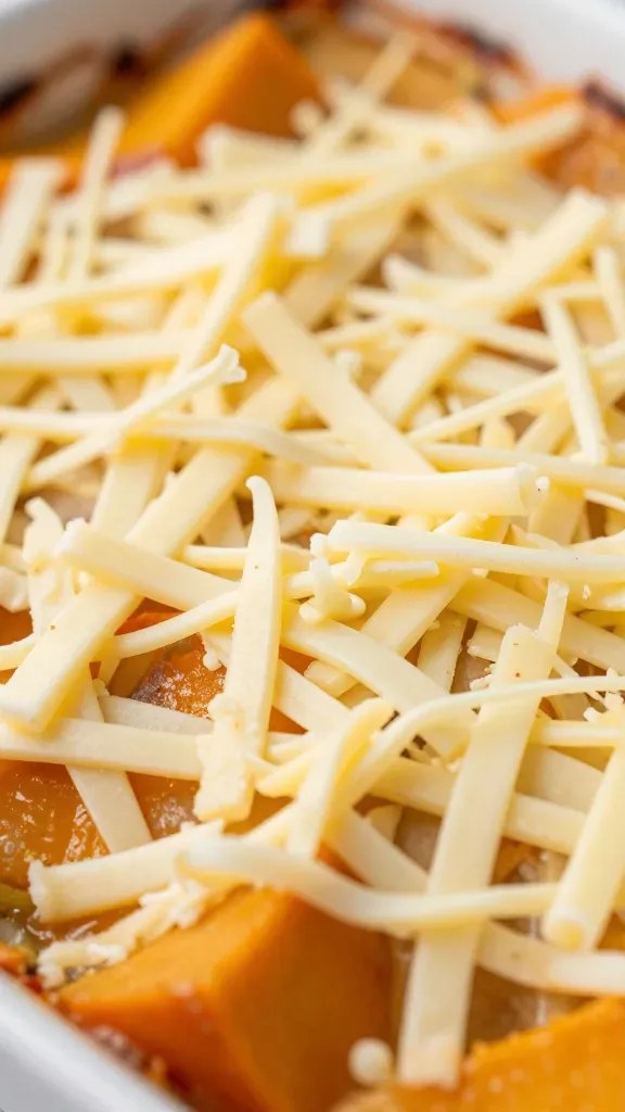 Closeup of shredded cheese topping on pumpkin casserole, shallow depth of field