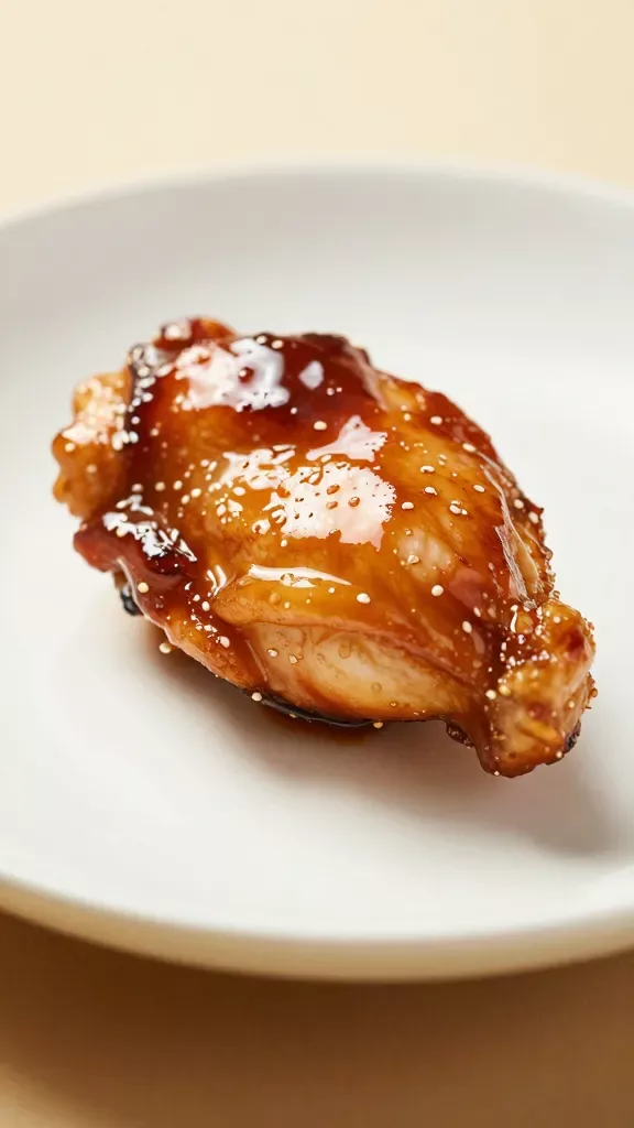 closeup of a single teriyaki chicken bite on glossy plate