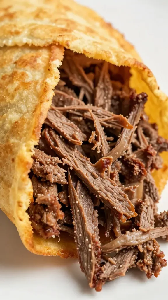 closeup view of shredded steak filling spilling from a fried chimichanga