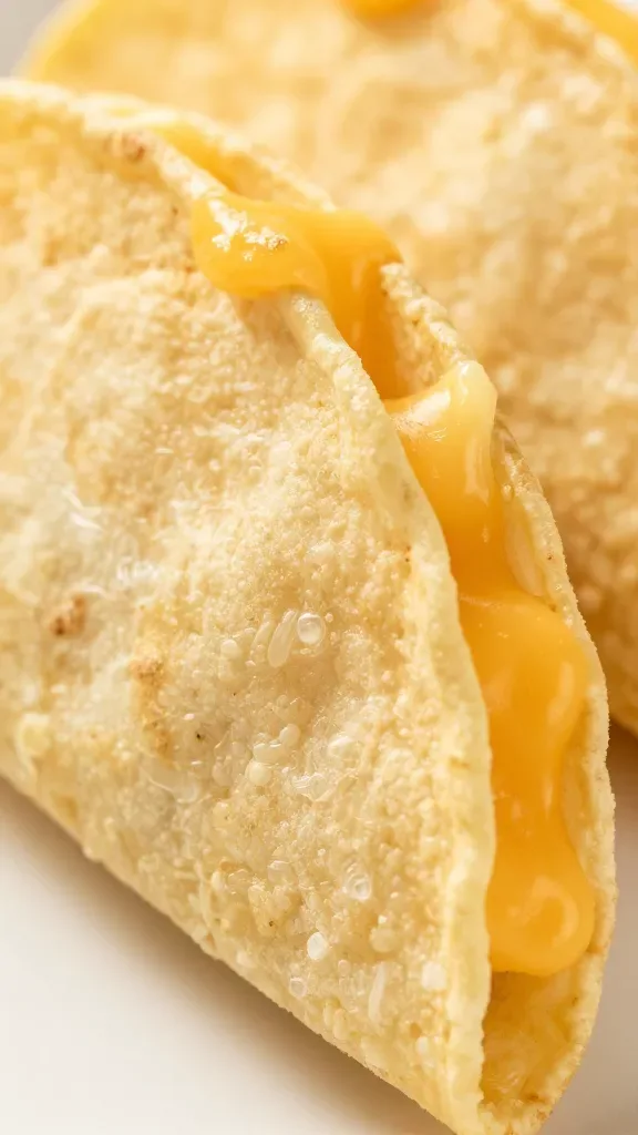 closeup shot of a crisp tortilla shell with melted cheese edge detail