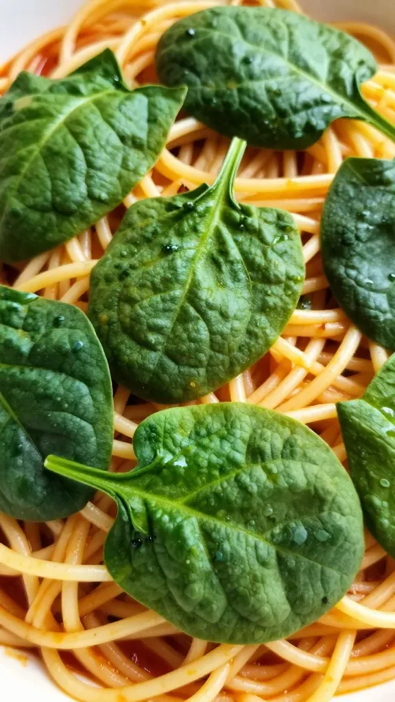 closeup of vibrant spinach leaves scattered over pasta with sauce