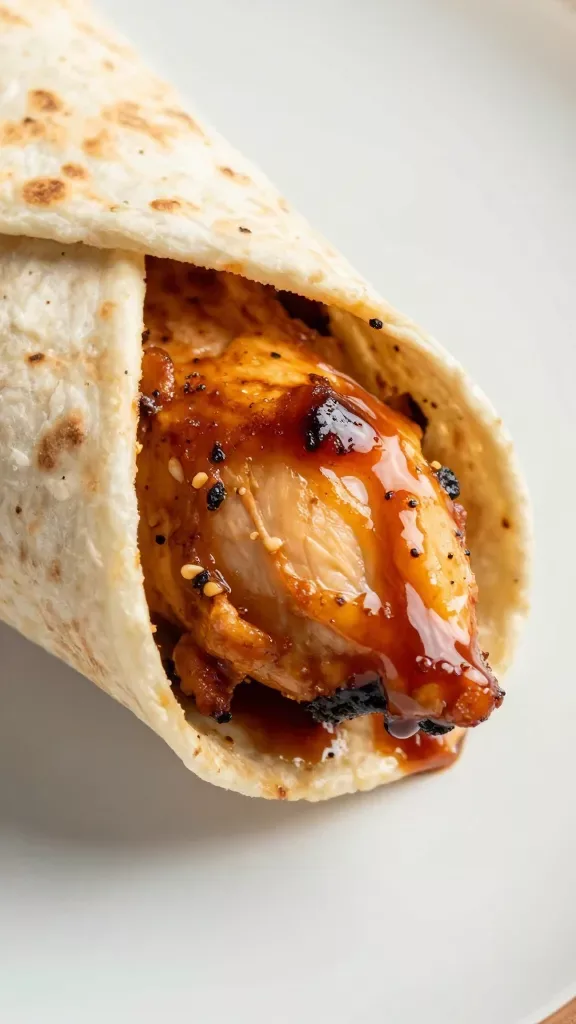 closeup of a single BBQ chicken wrap bite with glossy sauce glaze