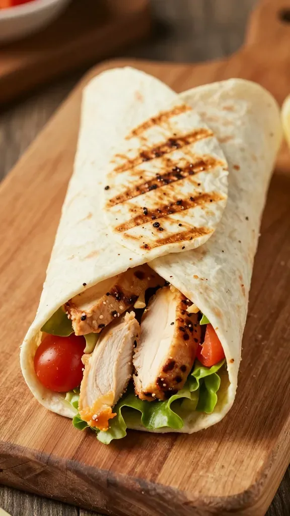 closeup of a single grilled chicken wrap resting on rustic board, vibrant fillings visible