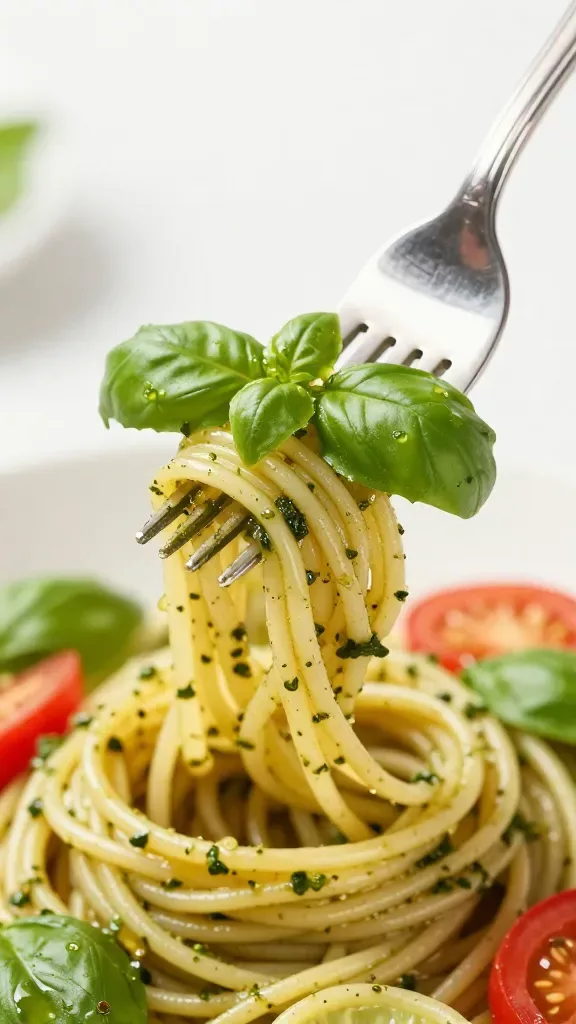 closeup of a single fork twirling basil pesto pasta, glossy veggies in frame
