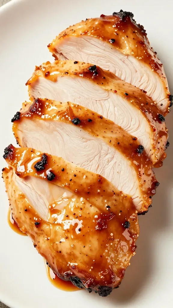 juiciest sliced BBQ chicken breast, glaze dripping slightly