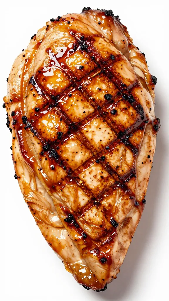single grilled BBQ chicken breast closeup, char marks, glossy glaze