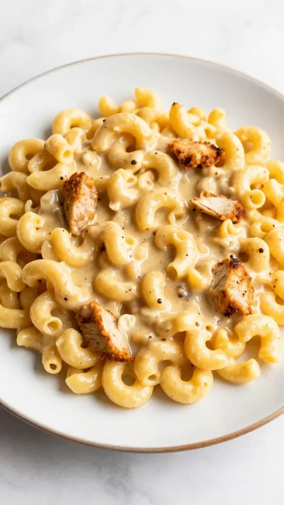 single plate of creamy BBQ chicken mac and cheese, crispy edges