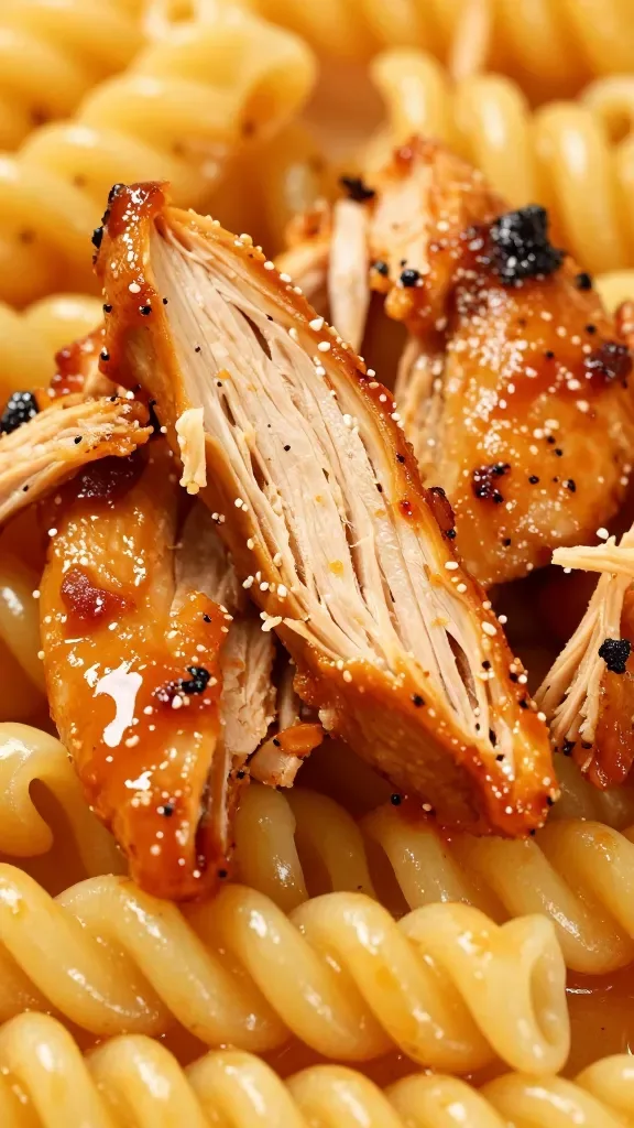 macro shot of shredded BBQ chicken atop macaroni, glossy sauce
